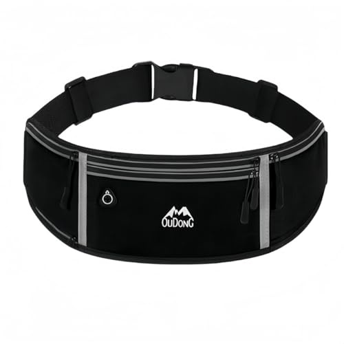 Vyloky Ultradünner Laufgürtel mit 4 Taschen & Handyhalter bis 7,2 Zoll - Leicht, Stabil für Marathon, Fitness, Reisen - 5 Farben (Schwarz, Grau, Blau, Lila, Pink) (Schwarz)