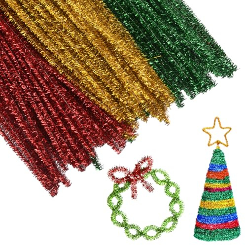 SOFPLATE Limpiadores de Pipa de Chenilla de 3 color Y 100 piezas Coloridos A Granel Verdes Dorados Y Rojos con Purpurina Reutilizables para Manualidades Proyectos Creativos Regalos Decoraciones para F