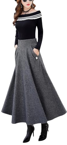 Damen Hohe Taille Lang Rock Elegant Winterrock Kariert Midirock Wollrock A-Linie Röcke Retro Faltenrock Dunkelgrau 8189 M (Elastische Taille:28.74)