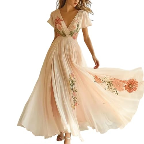 Minetom Femme Robe De Soirée Chic Longue Col V À Fleur Mousseline Manches Longue Maxi Dress Plage D'Été Cocktail Mariage Robe De Demoiselle d'honneur