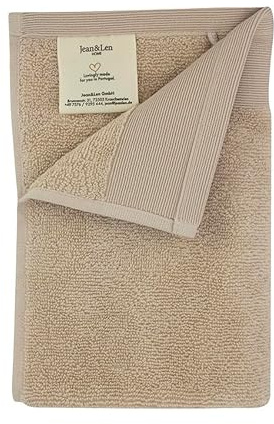 Jean & Len Gästehandtuch aus 100% Bio-Baumwolle, in der Farbe beige, mit Aufhänger, Oeko-TEX und GOTS Zertifiziert, Markenlabel aus veganem Leder, Gästehandtücher 30x50 cm