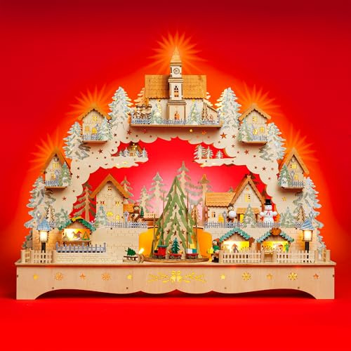 SIKORA LB18 beleuchteter LED XXL Holz Schwibbogen Weihnachtsdorf mit drehendem XL Baum Lichterbogen inklusive Netzteil