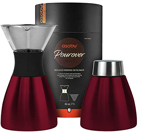 asobu Insulated Pour Over Coffee Maker (32 oz.) Double-Wall Vacuum, Stainless-Steel Filter and Take on the Go Carafe (Burgundy)