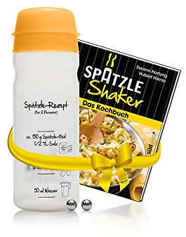 Set für Spätzle: Spätzle-Shaker (ORANGE) für 2 Portionen Spätzle (675ml) Das patentierte Original Made in Germany + Kochbuch