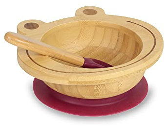 BIOZOYG Set con ciotola di bambù Rana I Ciotola con base a ventosa e cucchiaio - certificato FSC I Splendida scodella in legno di bambù per bambini - ciotola da pappa e muesli rotonda rossa