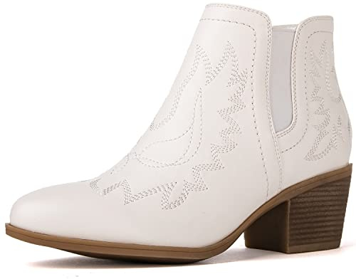 GLOBALWIN Women's White Cowboy Boots Western Style Comfortable Pull On Short Ankle Cowgirl Boots For Women Low Heel Size 11M
