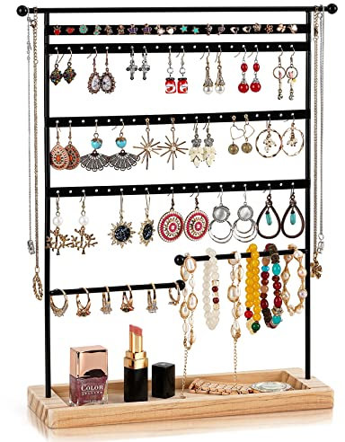 QILICZ Schmuckständer Ohrringständer 80 Löcher Ohrringhalter, 7 Tier schmuckhalter Ohrring Organizer und Kettenständer mit Holz Aufbewahrung, Ohrstecker Display - 37x31cm schwarz