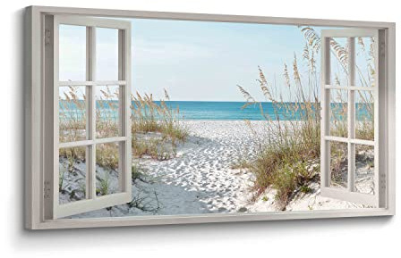 Window Beach Wall Art Prints: Modern Large Tropical Coastal Landscape Canvas Bedroom Blue Ocean Picture Relaxing Living Room Sea Scene Painting Horizontal Summer Seascape Artwork Decor