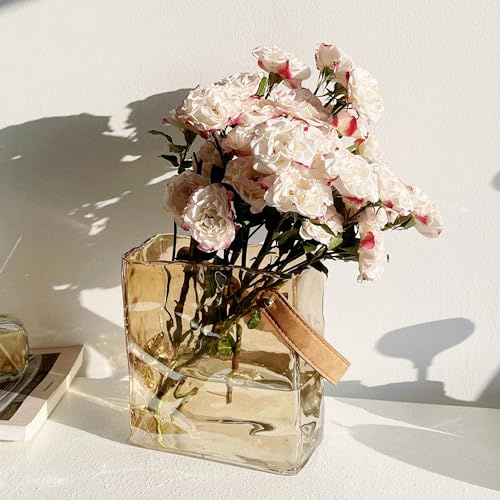 7.5 in Clear Handbag Flower Vase - Glass Purse Vase for Flowers, Unique Decorative Vases (Handmade), Cool Large Bag Vase for Home Centerpieces Desktops Bookshelf Bedroom Living Room Decor