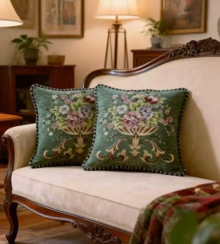 Qupace Set of 2 Chenille Vintage Spring Green Throw Pillows Covers 18x18in Sofa Couch Pillows for Living Room Floral Embroidered Cushion Cover for Bed Chairs Car