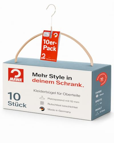 MAWA Kleiderbügel, Set mit 10 hochwertigen, platzsparenden, rutschfesten Kleiderbügeln, ideal für T-Shirts und Pullover, mit 360° drehbarem Haken und Rutschfester Beschichtung, 40 cm, Latte