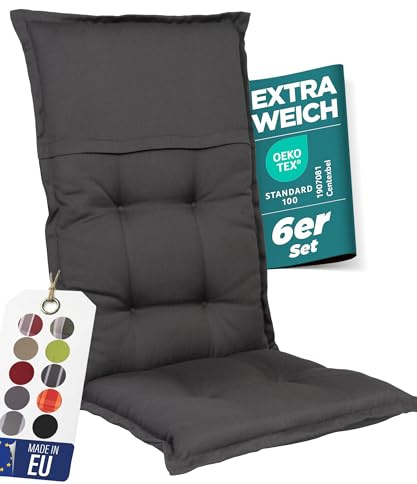 gardisun Gartenstuhlauflagen Hochlehner, 6er Set, Anthrazit | Extra Dicke Sitzauflagen, Made in EU, Polsterauflagen für Hochlehner Gartenstuhl, Auflagen mit hoher Lichtechtheit