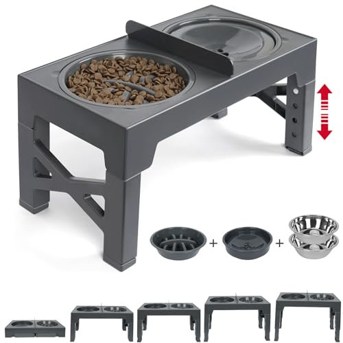 UHAPEER Elevated Dog Bowls for Large Dogs - Adjustable 5 Heights Raised Dog Bowl Stand with Slow Feeder & 2 Stainless Steel Bowls & Non Spill Water Bowl - Perfect for Small to Large Pets