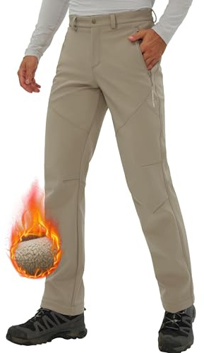 Pioneer Camp Pantalones de senderismo para hombre, forrados, de forro polar, impermeables, para invierno, con 3 bolsillos con cremallera, caqui, L
