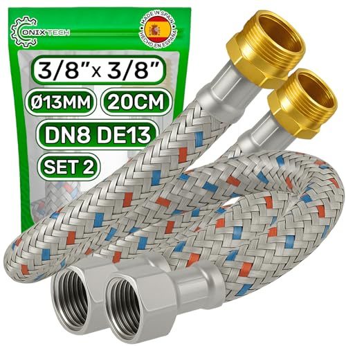 2 Pezzi Tubo Corazzato 20 cm Femmina 3/8” x Maschio 3/8” DN8 DE13 | Tubo Flessibile Realizzato in Acciaio Inox Temperatura max 70°C Pressione di Esercizio 10 bar - Garanzia 5 Anni - ONIX TECH