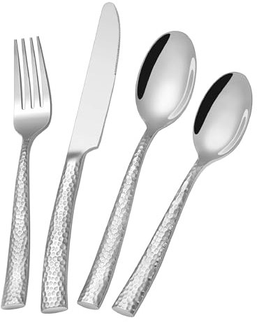 SHEUMNT Silver Hammered Silverware Set,24-Piece Stainless Steel Heavy Duty Flatware Set for 6,Food-Grade Tableware Cutlery Set, Mirror Utensil Sets for Home Restaurant