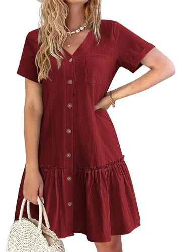 Hotouch Vestito Lino Donna Estivo Camicetta Manica Corta con Bottoni Abito da Spiaggia Leggero Elegante al Ginocchio T-Shirt Bordeaux M