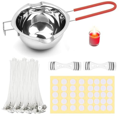 Jortmrd Kerzen Docht Set 100 Kerzendochte für Kerzen mit 400ml Schmelztopf Kerzen Selber Machen Set 100 Dochtaufkleber und 2 Kerzendocht Halter aus Edelstahl