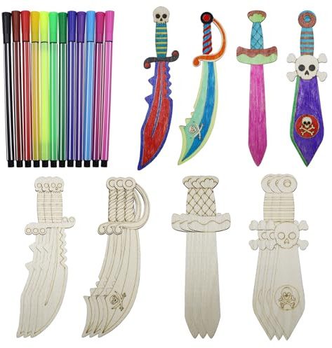 INNAL 16 Pièces D'épée de Pirate en Bois avec 12 Stylos de Couleur,Peinture D'épée de Pirate,Bricolage Épées en Bois à Colorer pour Enfants pour Loisirs Créatifs Fête Cadeau