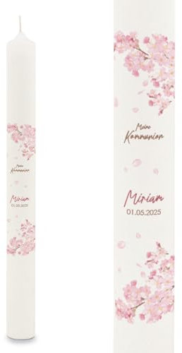 GRAVURZEILE Printed Taper Candle - Cherry Blossoms - Personalised with Name and Date - Gift for Christening, Communion or Confirmation - For Boys and Girls - Altar Candle 400/40 mm - White