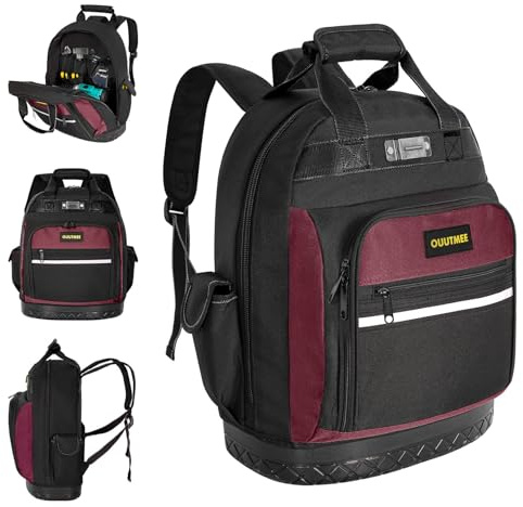 OUUTMEE Sac à Outils avec Base ABS, Sac à Dos Résistant avec Poches Multiples et Ceinture, Idéal pour Électriciens et Bâtiment (Rouge)
