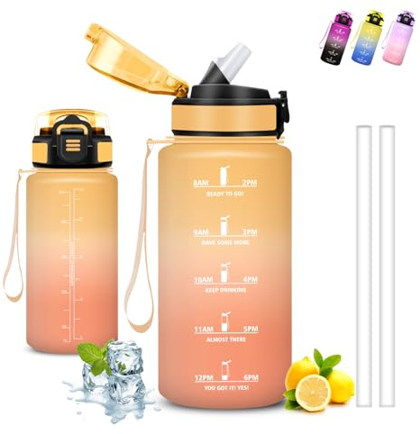 Trinkflasche Kinder, Trinkflasche 500ml, Wasserflasche mit Strohhalm, Leicht zu Reinigen, Wasserflasche Auslaufsicher, mit Sicherheitsverschluss, Flasche mit Zeitmarkierung, für Schule, Camping, Büro