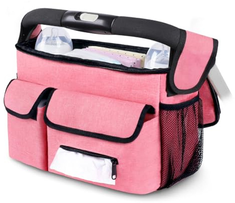 DOKRIN Porte-accessoires de poussette,Sac rose pour poussette, sac de rangement grande capacité, panier portable d'extérieur