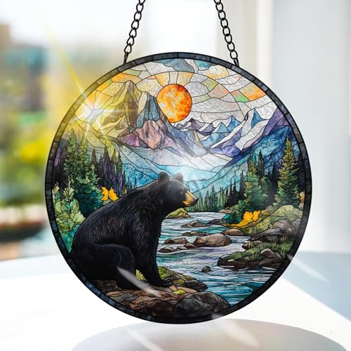 Bimkole BjörnFönsterhänge I Målat Glas Med Solfångare -Djur Träd Hängande Fönsterdekoration - för Trädgård, Fönster och Dörr, Jul, Handgjord Suncatcher Dekor 20x20 cm