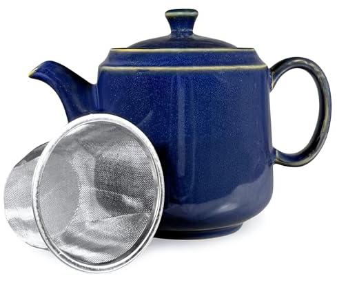 Ceramic Teapot with Infuser 1 Litre | 4 Cup Loose Leaf Tea Pot | Navy Blue Reactive Glaze | Stainless Steel Strainer | Scandi Home