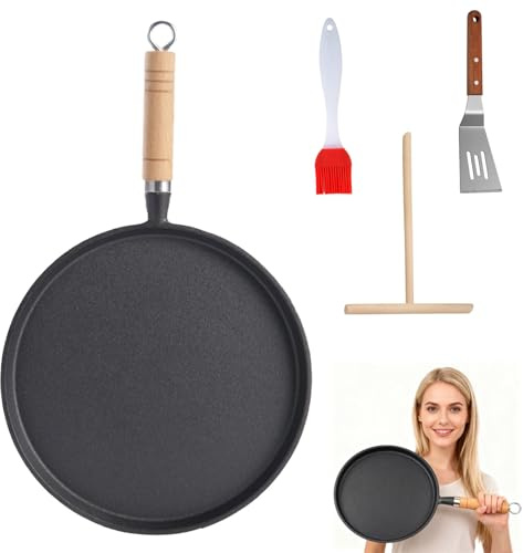 Non Stick Crepe Pan, 26cm Dosa Pan with Spreader, Shovel and Oil Brush | Iron Skillet Pancake Round Griddle Thick Nonstick Egg Frying Pan Tortilla Crepe Anti-scalding Wooden Handle