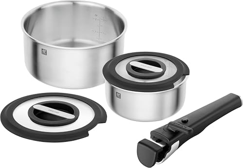 Zwilling Lås kastrullset 5 delar (kastrull 20 + 16 cm, handtag, 2 glaslock), stapelbart, avtagbart handtag, 18/10 rostfritt stål, för alla typer av spisar inklusive induktion