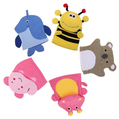 TOYZFRIENDY 5pcs Boys and Girls Bath Toys Animal Shaped Scrub Gloves for Shower Exfoliating Bath Mitts Body Washing Soft Mitt
