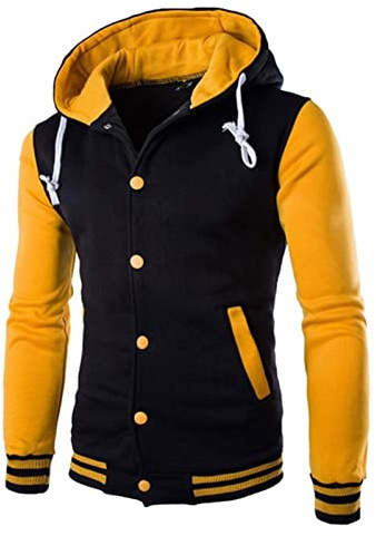Men's Casual Button Coat Jacket with Hood Baseball Coats Ribbed Sleeves Spliced Fashion Jacket with Pockets, yellow, XL