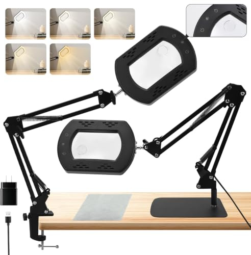15X 30X Tischlupe mit Licht und Ständer, 5 Farbmodi Stufenlos Dimmbar, 2-in-1 Schreibtischlampe und Klemme, Händefrei Standlupe mit Licht ür Handwerk Hobby Malerei Schließen Arbeit