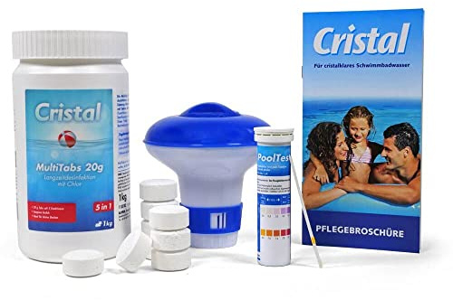 Cristal Pool e-Chlor Set - 5 in 1 Chlor MultiTabs - Dosierschwimmer - Teststreifen pH-Wert + Chlor 50 x - Langzeitdesinfektion - Trübungsentfernung