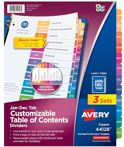 Avery Jan-Dec Dividers for 3 Ring Binders, 12 Tabs per Set, Customizable Table of Contents, Multicolor Tabs, Great for Organizing Reports, Projects, and More (3 Sets of 44128)