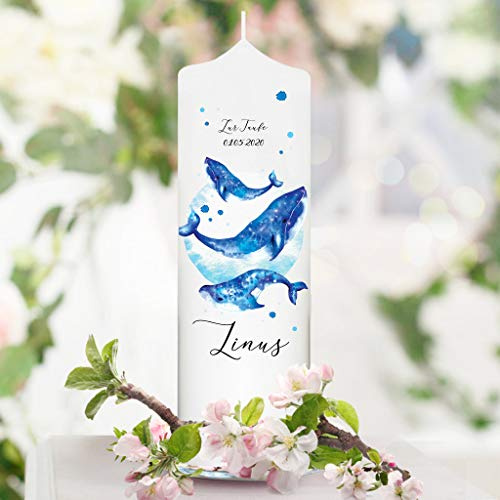 Wandtattoo Loft Taufkerze Junge oder Mädchen Wal Kerze Blau weiße Kerze zur Taufe, Geburt Kommunion weiß 25 x 7 cm mit Name, Datum, ggf. Taufspruch / / Taufkerze 25 x 7 cm (ohne Taufspruch)