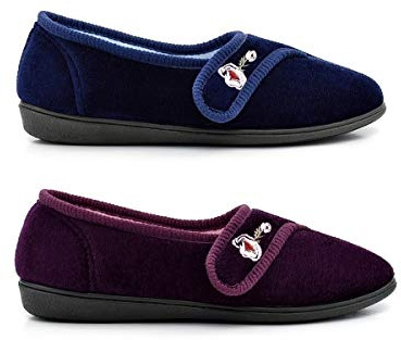 Womens Touch Fastening Slippers Ladies Slippers Womens Slippers Embroidered Slippers Burgundy/Navy