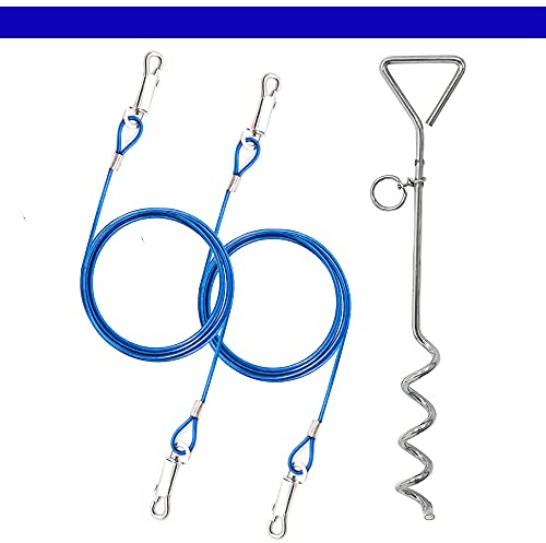 2 X 1.8m Dog Chains for Outside, Dog Tie Out Cable & Steel Spiral Heavy Duty (40cm) Ground Spike Stake Dog Tether Camping, (BLUE)