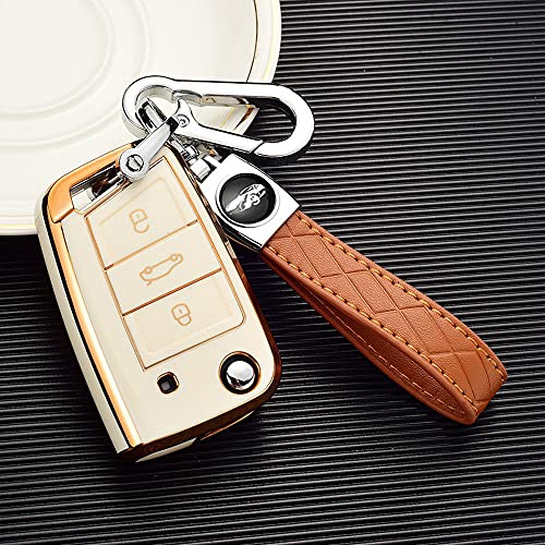 ontto TPU Autoschlüssel Hülle Passt für VW Golf 7 MK7 Polo T-ROC Tiguan Touran Skoda Karoq Superb Seat Ibiza Schlüsselcover Schutzhülle Schlüsselhülle Schlüsselanhänger Schlüssel Schutz Etui-Beige B