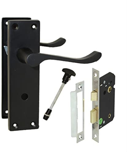 Haven Heritage Bathroom Door Handles Internal Victorian Scroll in Matt Black 150 X 40mm Inc Sash Lock Sold in Pairs (1)