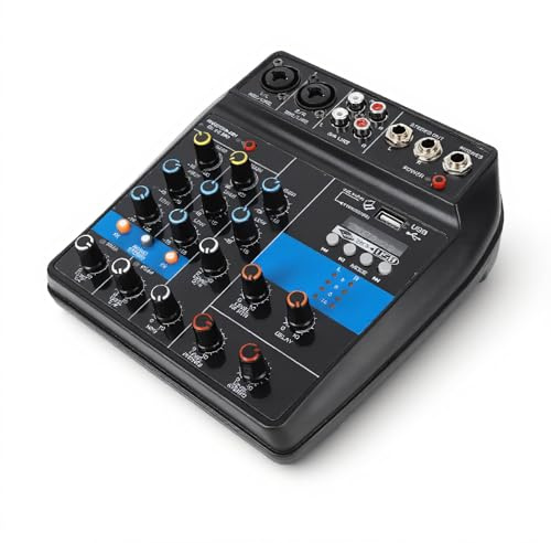 Dpofirs 4 Channel Mini Audio Mixer with Indicator, 2 Mono Channels, 2 Bands EQ, USB Powered for Guitars, Bass, Keyboards & Stage