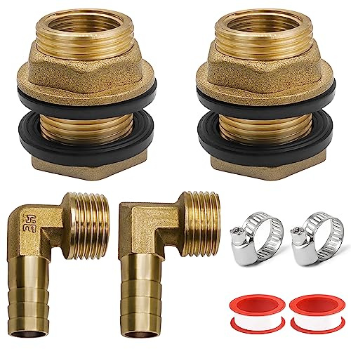GZhaizhuan 2 Stk Tankverschraubung aus Messing, 3/4 Zoll Regentonnendurchführung Faßverschraubung und Schlauchtülle Set, mit 304 Schlauchklemmen, Wasserband