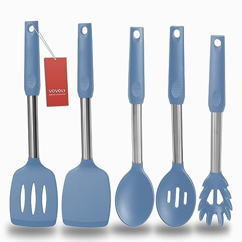 Silicone Spatula and Cooking Spoon,5 Pack Solid & Slotted Spoons and Spatulas High Heat resitant for Kitchen, Stainless Steel Handle Coated with Silicone, Non Stick Utensil, Starry blue