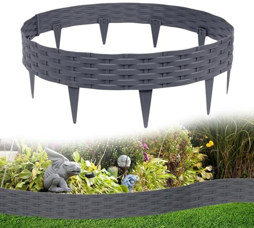 TRMLBE Rasenkante Beeteinfassung 100cm 10 Stück Beetumrandung Biegbarer Kunststoff Rattan-Optik Beetzaun Gartenpalisade Mähkante Randsteine Beeteinfassung für Garten Rasen Dekorativ, Grau