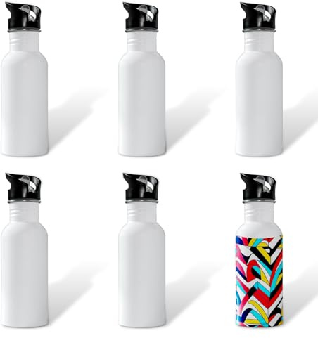 MR.R 6PCS 600ml Bouteilles d'eau en aluminium blanches avec couronne, bouteille de voyage avec couvercle à paille pour le sport