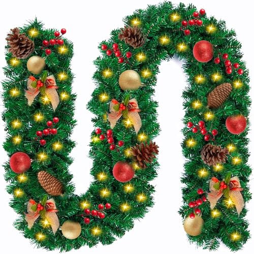 ZPQAODI Ghirlanda Natalizia 2,7M Ghirlanda Natalizia per Porta Decorativa con 50 LED Luce,Ghirlanda di Natale Artificiale,Ghirlande Artificiali Illuminate con Accessori oro e rosso,per Camino Scale