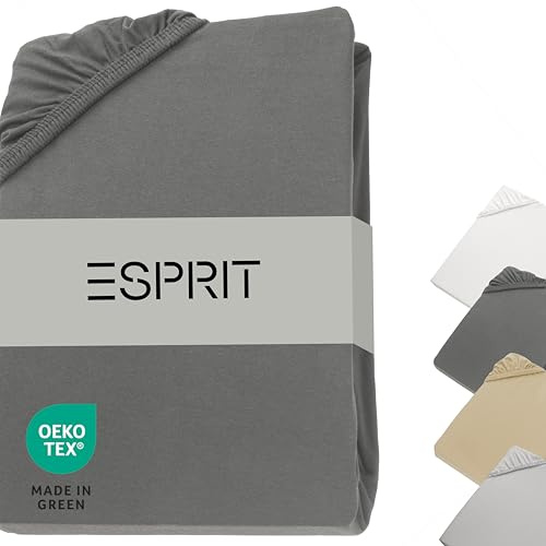 Esprit Spannbettlaken 90x200cm Baumwolle bis Bettlaken 120x200cm anthrazit - Spannbetttuch 100x200 für Boxspringbett & Kinder in Hotelqualität & bis 30 cm hohe Matratzen - atmungsaktiv & ÖkoTex