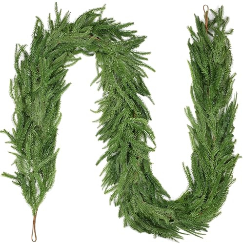 Palonu 6 Ft Artificial Norfolk Pine Greenery Garlands Faux Christmas Norfolk Pine Garland for Mantle Holiday Indoor Outdoor Fireplace Winter Christmas Decor (2)