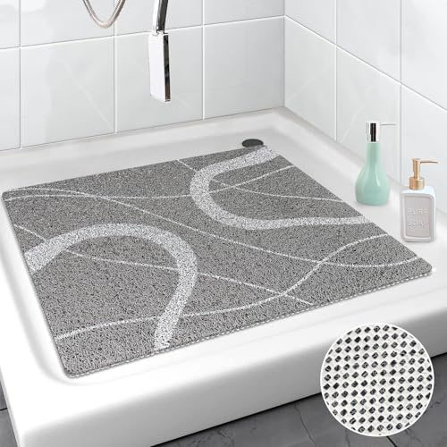 Mavicen Duschmatte rutschfest, 80x80cm Weiche PVC-Luffa Badewannenmatte mit Ablauföffnung, Sichere Massage Duschmatten Fuer senioren, Schnell trocknende Badematte, Graye Linien